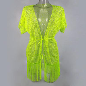 Sexy Hollow Lace Crochet Tassel Cover Up - SexyBling