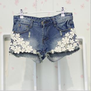 Sexy Floral Lace Beaded Denim Shorts - SexyBling
