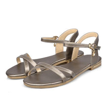 Load image into Gallery viewer, Genuine Leather Solid Buckle Strap Flat Sandals - SexyBling