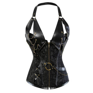 Faux Leather Lace up Chain Corset - SexyBling