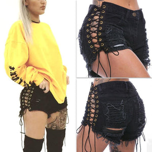 Sexy Black Denim Tassel Ripped Shorts - SexyBling
