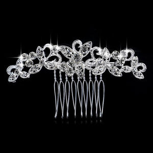 Leaf Butterfly Tiara Silver Plated Crystal Hair Pin - SexyBling