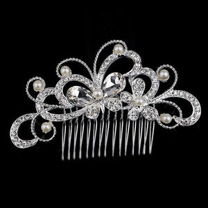 Leaf Butterfly Tiara Silver Plated Crystal Hair Pin - SexyBling