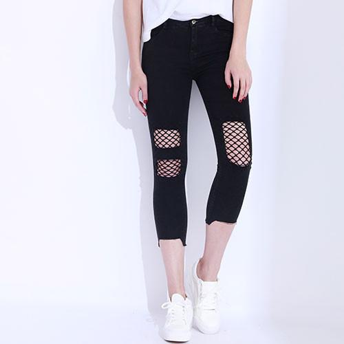 Casual Black Net Hole Denim Pants - SexyBling