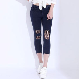 Casual Black Net Hole Denim Pants - SexyBling