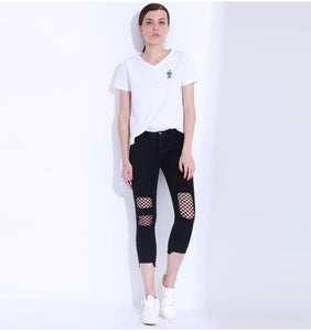 Casual Black Net Hole Denim Pants - SexyBling