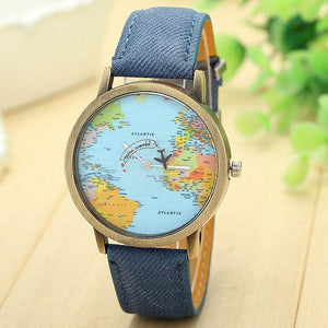New Ladies Denim Global Travel Map Watch - SexyBling