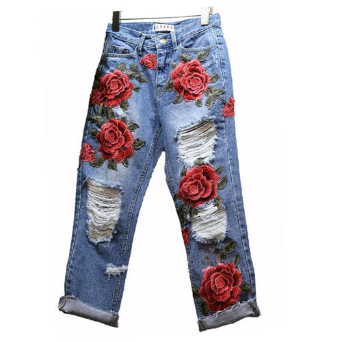 Floral Embroided Denim Skinny Jeans - SexyBling