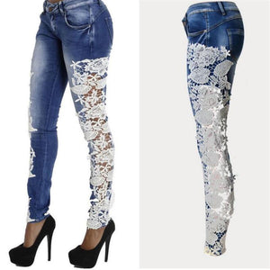 Sexy Side Floral Lace Patchwork Jeans - SexyBling