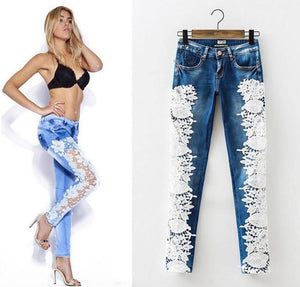 Sexy Side Floral Lace Patchwork Jeans - SexyBling