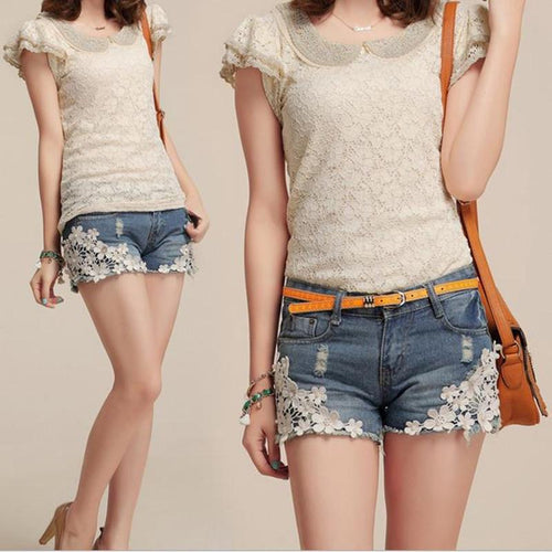 Sexy Floral Lace Beaded Denim Shorts - SexyBling