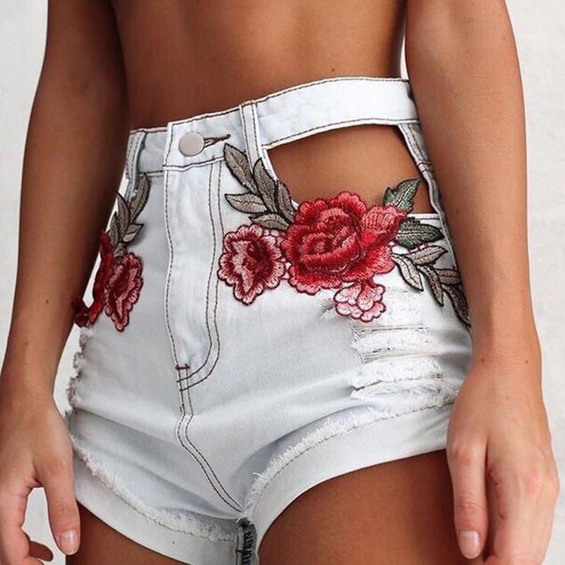 Sexy Appliques Rose Cross Denim Shorts - SexyBling