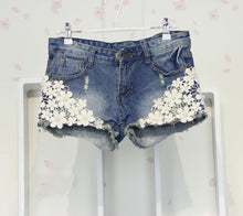 Load image into Gallery viewer, Sexy Floral Lace Beaded Denim Shorts - SexyBling
