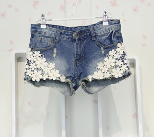 Sexy Floral Lace Beaded Denim Shorts - SexyBling