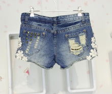 Load image into Gallery viewer, Sexy Floral Lace Beaded Denim Shorts - SexyBling