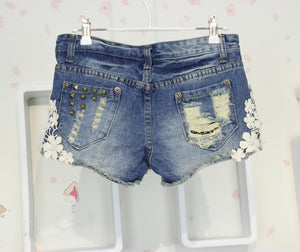 Sexy Floral Lace Beaded Denim Shorts - SexyBling