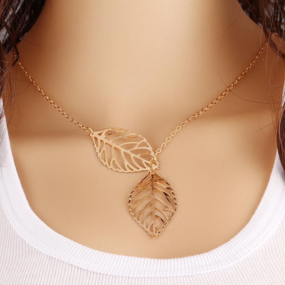 Punk Gold Silver Hollow Two Leaves Necklace - SexyBling