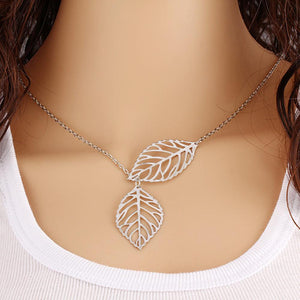 Punk Gold Silver Hollow Two Leaves Necklace - SexyBling